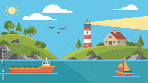 Coastal Cartoon Landscape with Lighthouse Ships and Serene Ocean View Vector Illustration for Maritime Theme