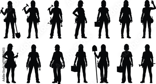 Female construction worker silhouette, tool belt, hard hat, diverse pose, labor gear, cad drawing flat vector illustration, safety, inclusion