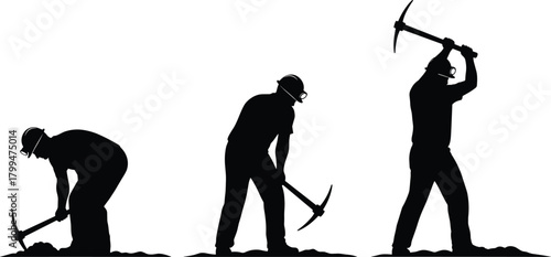 Miner silhouette, pickaxe action, underground worker, mining posture, excavation tool, hard hat, headlamp gear, labor movement, cad drawing flat vector illustration