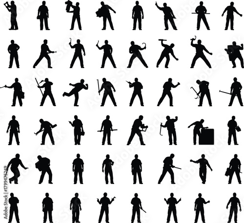 Worker silhouette, profession icon, manual labor, construction pose, tool holding action, cad drawing flat vector illustration, safety gear, occupation