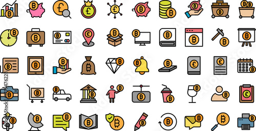 Cryptocurrency and finance icons representing digital currency and blockchain technology