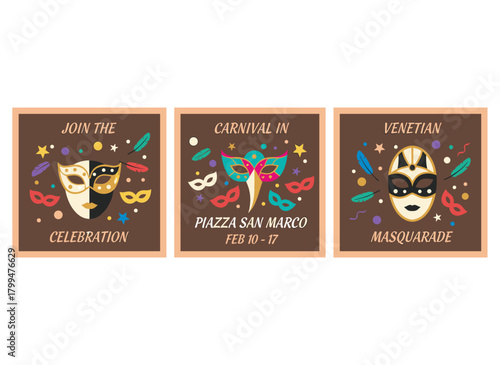A set of square invitation templates featuring classic Venetian masks and costumes, suitable for carnival, Mardi Gras events, performances, or masquerade balls, illustrated in a linear vector style