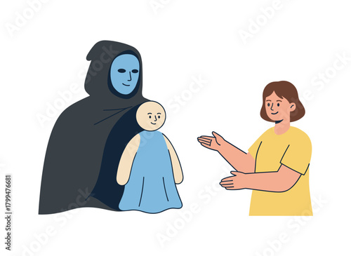 Concealing feelings of envy, she masks her reaction with a false smile; a hypocritical, envious, jealous woman offers congratulations and compliments, illustrating the concept of hypocrisy in a flat