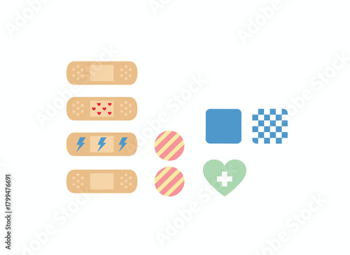 Vector illustration of a set of sterile medical protective items, a bundle of perforated and adhesive patches and plasters, all flesh-colored, bright, and with a childlike, girlish tape