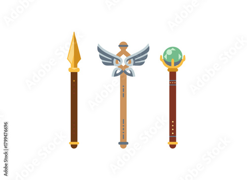 Ancient staff and spear set: historic weapons with pointed tips and long shafts, old magic sticks featuring arrowheads, wings, helix, and gemstones, rendered as a flat vector illustration on a white
