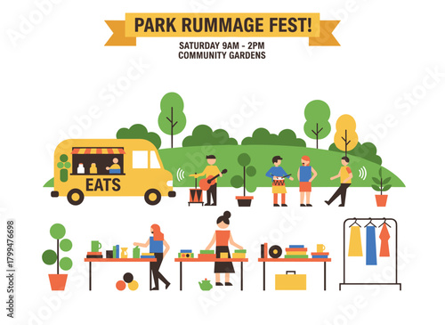 Banner or invitation template for a summer garage sale, street flea market, or rag fair featuring people buying and selling goods outdoors, illustrated as a flat cartoon vector for event promotion