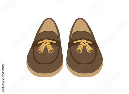 Stylish backless mule shoes or slip‑on loafers with a metallic buckle and low heel, women’s summer footwear, shown as a colored flat vector illustration on a white background