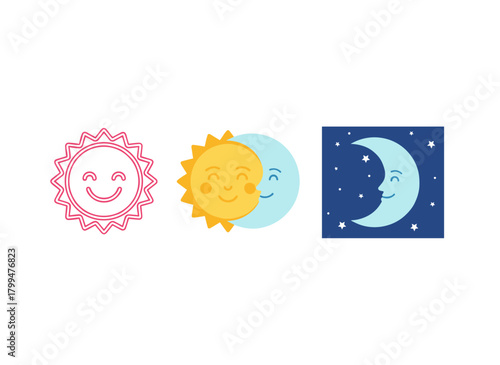 Faceted sun and moon, celestial astrology, space and cosmos; a cosmic eclipse with lunar and solar line art; an occult crescent, esoteric mysterious galaxy, sky symbols; flat vector illustrations