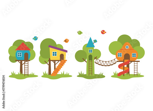 Wooden treehouses arranged as summer homes in nature, complete with ladders and eco‑friendly holiday shelters perched on leaf branches, illustrated as flat vector graphics on a white background