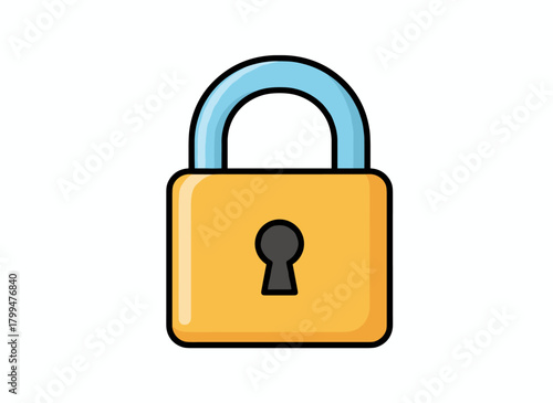 A brass padlock hanging with its metal shackle closed and keyhole visible, featuring a glossy gold mechanism for protection and secure access, depicted as a realistic flat cartoon vector illustration