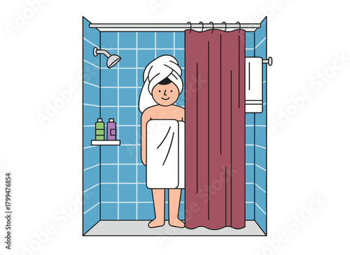 A cheerful cartoon man stands in the shower, lathering his body with soap, depicting a daily personal hygiene routine in a colorful flat illustration