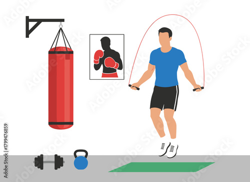 Illustration of a person skipping rope in a gym, a boxer warming up with cardio before a workout, and an athlete preparing for training in a boxing club, rendered as a flat vector graphic
