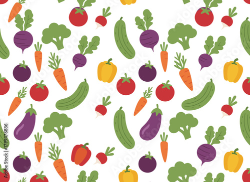 Seamless vegetable pattern with a continuous background of fresh farm produce—beets, broccoli, greens, and tomatoes—illustrated in flat vector style