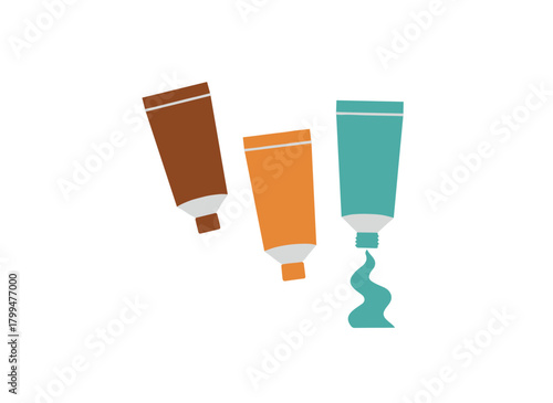 Oil paint tubes, opened and squeezed, spilling pigment, with closed dye; artistic supplies for painting and drawing, including artists' materials and colors; a flat vector illustration set against a