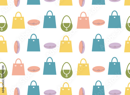 Stylish women's bags and handbags in various models on a white background, featuring a trendy seamless pattern and a backdrop of fashionable leather accessories, illustrated for textile print and