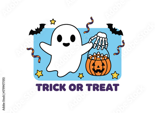 Kids in ghost and skeleton costumes carry pumpkin bags filled with candies, lollipops, and sweets, set against holiday decorations