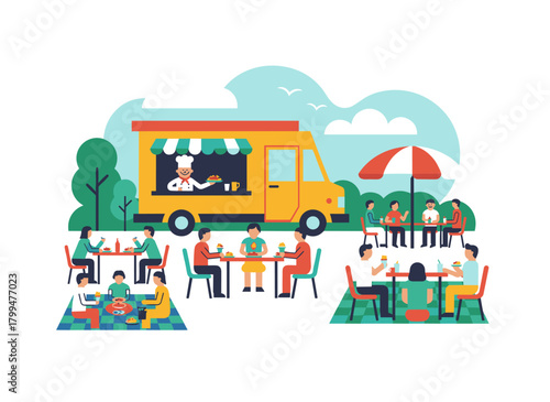 A van and jovial people stroll beside it, seated at tables sipping coffee and chatting, at an outdoor street food festival, open‑air summer market, depicted in flat cartoon vector style