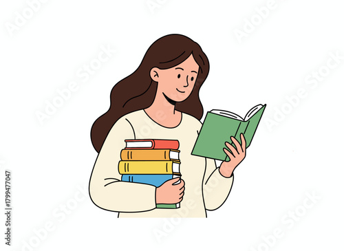A woman, a book-loving student, holds a stack of library books while reading an open textbook, depicted in a flat vector illustration on a white background