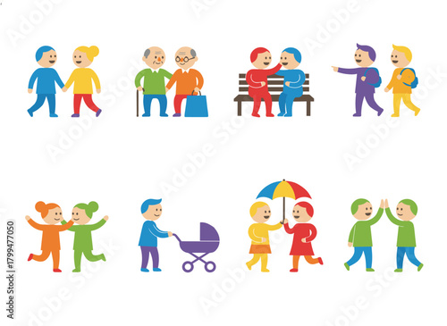 A group of grandparents and grandchildren posing side by side, a series of family portraits, a set of adorable cartoon characters presented on a white backdrop, and bright vector artwork rendered in