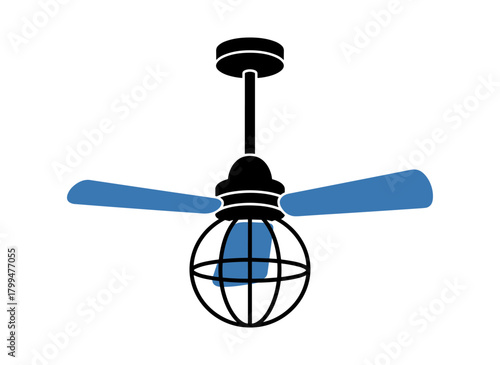 Illustration of an electric fan in vector style, showing a hanging air‑conditioning unit set against a white background, featuring a spinning ceiling propeller for summer use, and serving as a