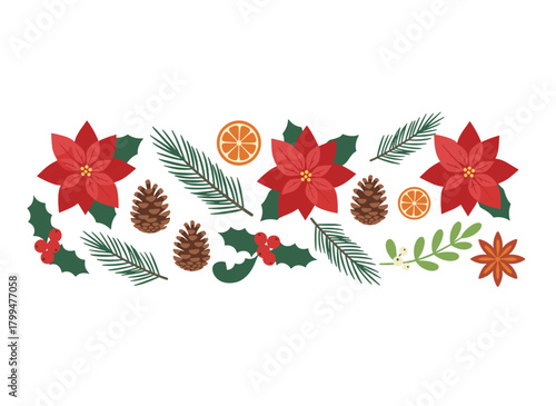 A botanical winter décor collection featuring floral Christmas holiday ornaments, including poinsettia blossoms, fir and pine branches, cones, berries, and leaves, illustrated as hand‑drawn vectors