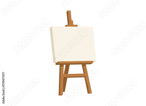 A wooden easel holds a blank canvas, serving as art supply for painting and drawing, with clean empty paper on a wood tripod stand—traditional artist equipment and tool—depicted in a flat vector