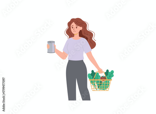 Shopper reads a food product label in a grocery store, a woman checking package contents before buying, depicting careful shopping in a flat vector illustration on a white background