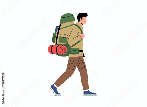 A hiker in adventure, backpacking and hiking with a travel bag, rucksack, and survival gear for camping and trekking, shown as a flat vector illustration on a white background
