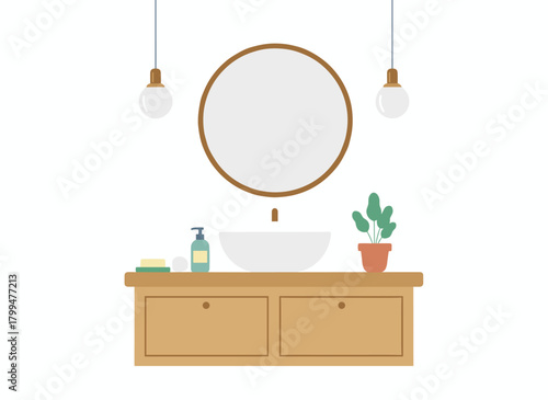 A flat vector illustration of a Scandinavian bathroom interior featuring a mirror, washbasin, modern sink, shelf, wooden chest of drawers with towels, and a home plant, isolated on a white background