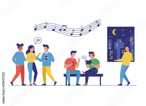 A flat vector illustration of a lonely introverted girl feeling discomfort in a crowd, highlighting mental health, psychological issues, communication challenges, and social anxiety