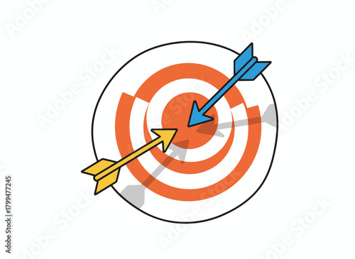 An arrow icon on a target conveys aim, purpose, and focus, while the bullseye symbolizes achievement, goal, and accuracy—depicted as a flat vector illustration centered on a white background