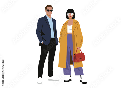 A contemporary Arab Muslim couple depicted in a flat colored vector illustration: a woman in hijab and pants, and a man in a stylish suit, both wearing casual attire, set against a white background