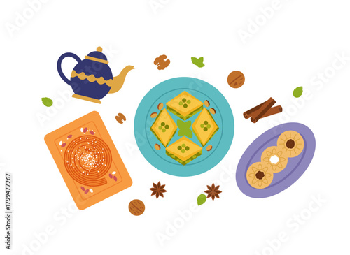 A top‑down view of a horizontal banner template featuring oriental sweets on plates against a white background, showcasing traditional desserts, tasty confectionery, and delicious pastries in a