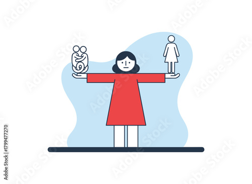 Illustration of a vector concept depicting the choice between solitude and relationships, showing a girl unsure whether to stay alone or begin dating, highlighting the pros and cons of romantic