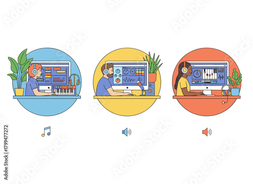 Audio engineers and sound designers produce, mix, and record music in studios equipped with computers, professional gear, and software, depicted in a flat colored vector illustration set against a