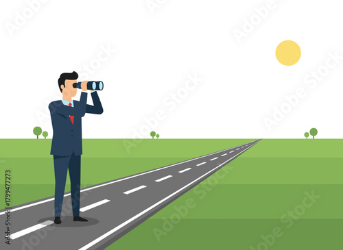 Businessman searching for new paths, employee scanning work prospects with binoculars, envisioning strategy and vision; a flat vector illustration set against a white background