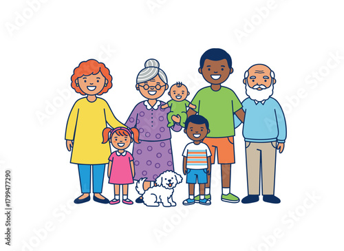 A large family portrait featuring joyful relatives in a vibrant flat illustration