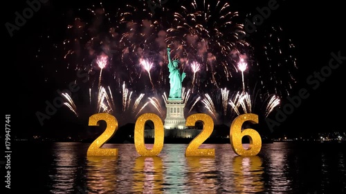 Statue of liberty illuminated by fireworks with the year 2026 displayed in golden numbers