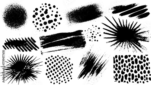 Collection of black paint spray textures and patterns. Various shapes and styles in a vector illustration set for design use.