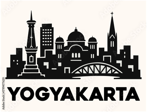 Yogyakarta City Skyline Silhouette Vector Illustration with Tugu Monument and Heritage Buildings