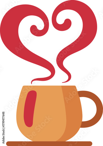 Warm beverage mug with heart-shaped steam vector illustration on a saucer, symbolizing love and comfort.