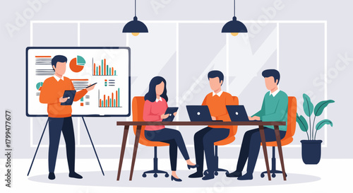 Vector illustration of a professional business team during a meeting, with a speaker presenting data analysis charts to colleagues working on laptops