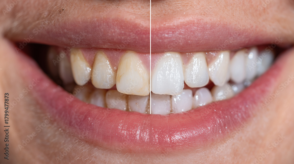 Obraz premium Ultra-close-up of teeth whitening results, left side showing natural stains and shadows, right side glowing with reflective brilliance, refined lighting creating a pristine clinica