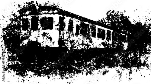 Antique train engraving in black silhouette style. Unique line drawing showcasing vintage transport vector illustration with retro texture.