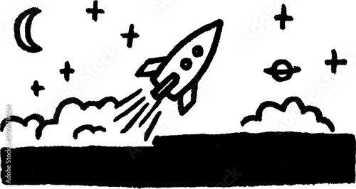 Rocket launching into space. Hand-drawn black and white vector illustration featuring stars, moon, and clouds in a simple design.