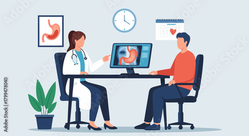Doctor explaining stomach X-ray to patient Medical consultation about digestive health and diagnosis process