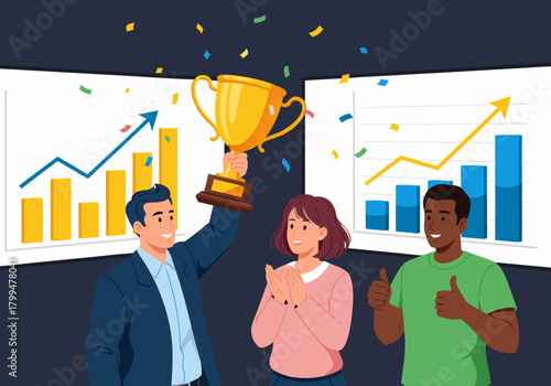 A diverse and successful business team celebrating a major victory with a golden trophy in front of upward trending growth charts