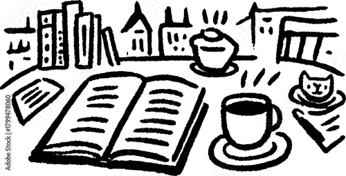 Hand-drawn black and white illustration featuring a book, cup of coffee, cookie, and a cat in a cozy city setting. Vector set captures essential details.