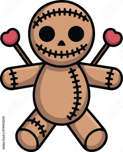 Voodoo doll vector illustration with heart shaped pins a symbol of magic and curses for Halloween theme