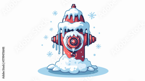 Frozen hydrant top red fireplug covered in heavy snow and icicles with falling snowflakes, concept of winter safety illustration